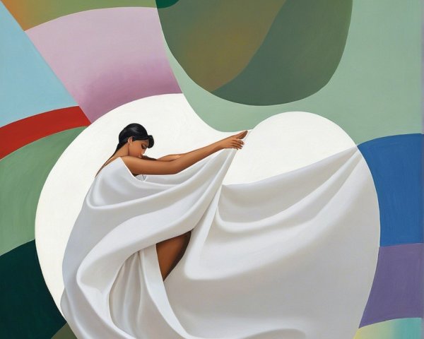 Elegant Figure in Flowing White Garment with Pastels