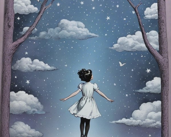 Young girl in white dress above book in starry sky