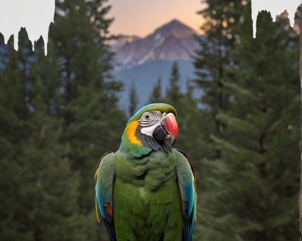 Vibrant Parrot Amidst Sunset and Mountain Landscape