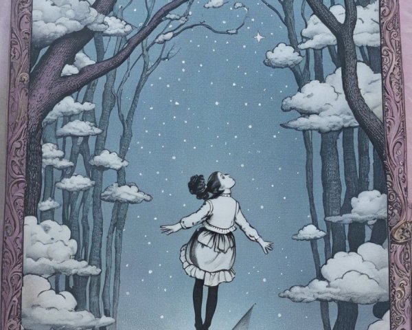 Whimsical Illustration of a Girl in a Starry Sky