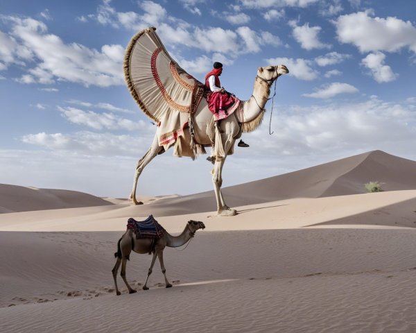 Man in Red Cloak Riding Camel in Desert Landscape