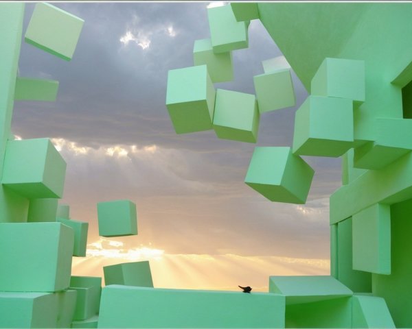 Surreal Scene of Floating Green Cubes in Cloudy Sky