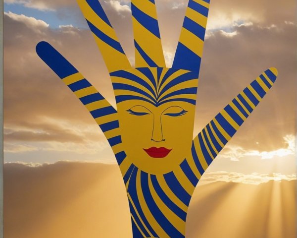 Vibrant Hand Sculpture with Sunset Background