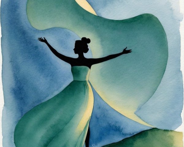 Silhouetted Figure in Flowing Green Dress Against Soft Hues