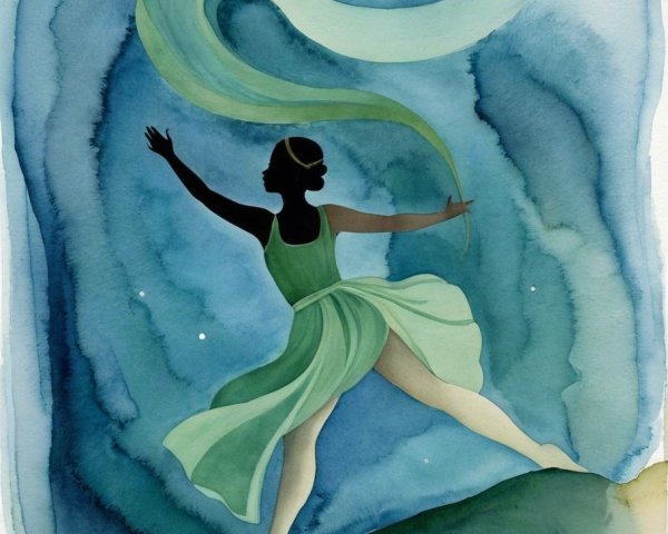 Dancer in Green Dress Twirling on Hilltop at Night