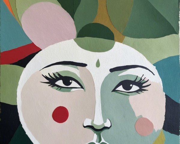 Mixed-media collage of a stylized female face