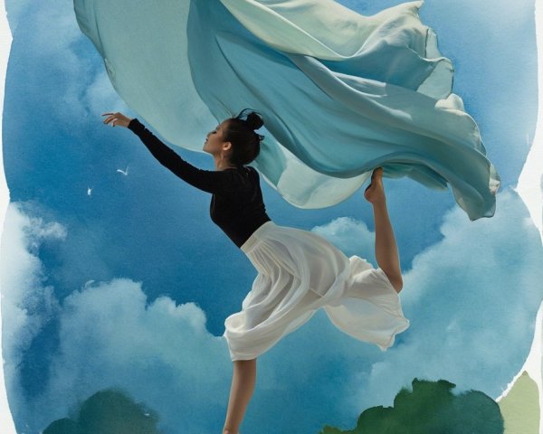 Dancer in Light Blue Fabric Against Serene Sky