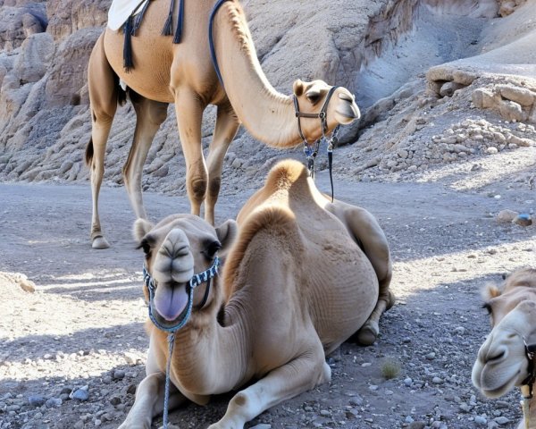Camels Resting in a Rocky Desert Landscape