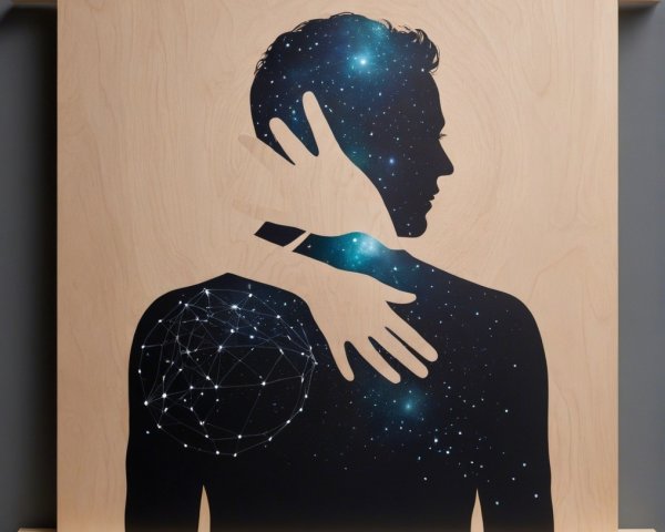 Silhouette with Cosmic Design and Wooden Backdrop