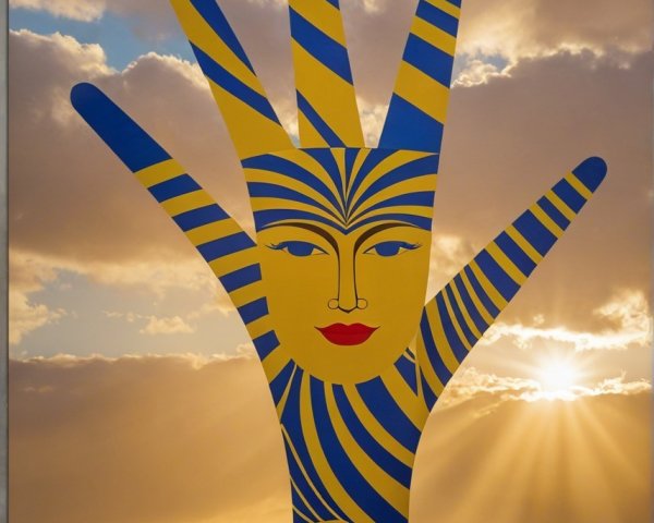 Brightly Colored Hand Sculpture Against Sunset Background