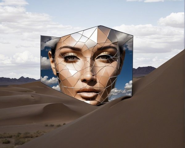 Surreal Landscape with Geometric Mirror and Desert Dunes
