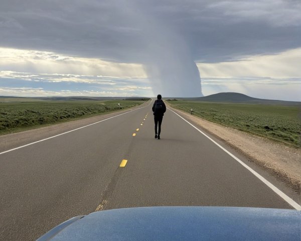 Lone Figure on Open Road Under Dramatic Sky
