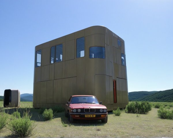 Modern Metallic Structure with Vintage BMW in Field