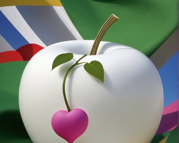 White Apple with Pink Heart and Colorful Flags Background