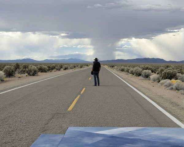 Lone Figure on Secluded Highway in Barren Landscape