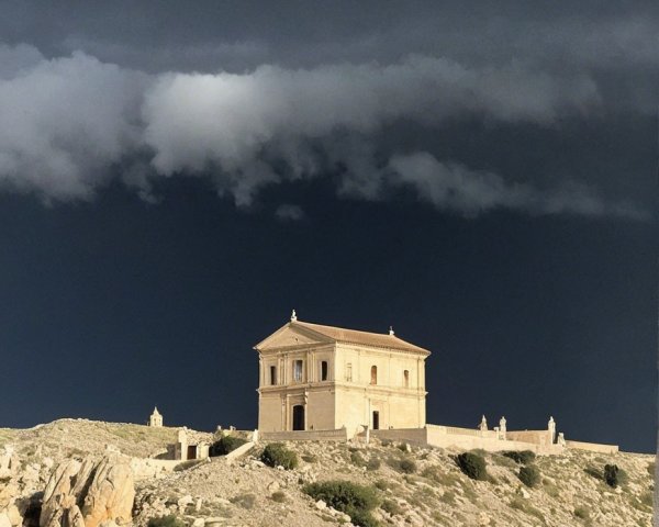 Solitary Structure on Rocky Hill Under Dramatic Sky