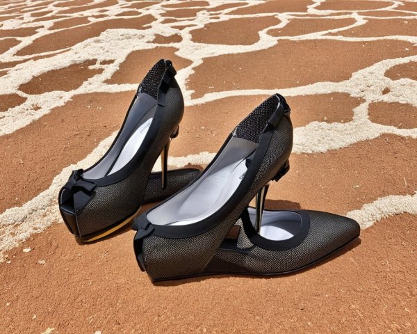 Elegant Black High-Heeled Shoes on Sandy Surface