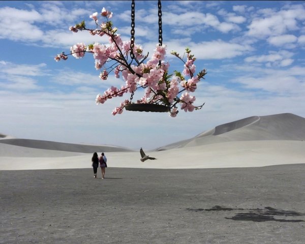 Surreal Desert Landscape with Figures and Cherry Blossoms