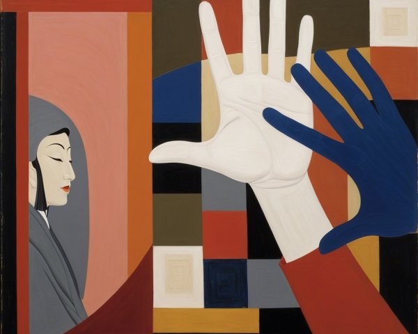 Stylized Artwork with Serene Figure and Abstract Hand