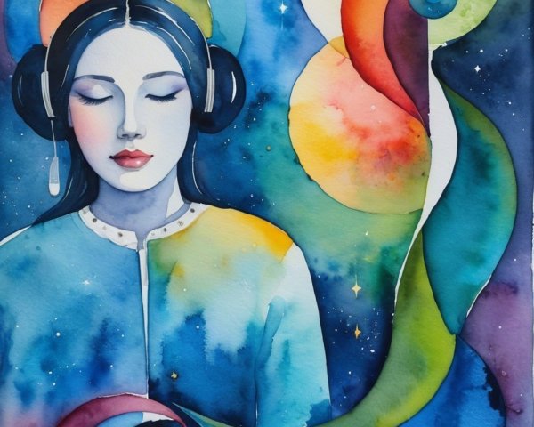 Watercolor Meditation Scene with Cosmic Elements