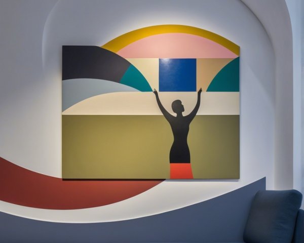 Modern art piece with silhouette and geometric backdrop