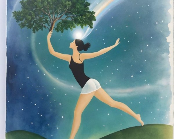 Woman on Hillside with Tree Under Starry Sky