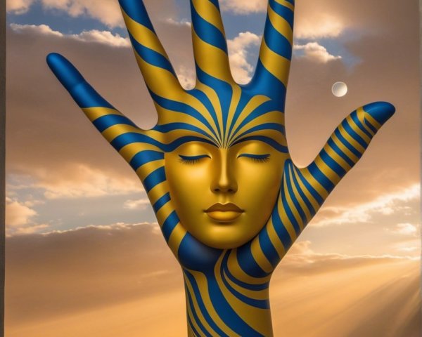 Giant Hand Sculpture in Vibrant Blue and Yellow Stripes