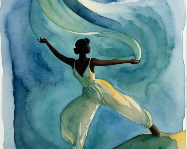 Graceful Figure on Hill with Flowing Garments and Ribbon