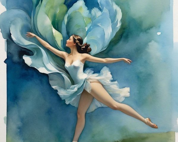 Ballerina in Soft Blue and Green Watercolor Scene