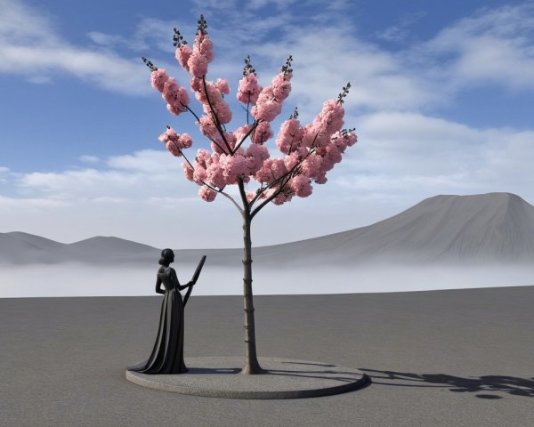 Solitary Figure by Cherry Blossom Tree and Mountains