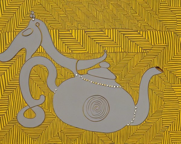 Stylized horse-shaped teapot with vibrant background