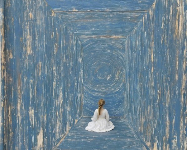 Young girl in white dress in blue-toned perspective art