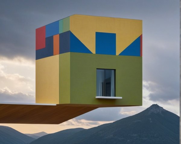 Vibrant Cube Structure Above Rolling Hills Landscape