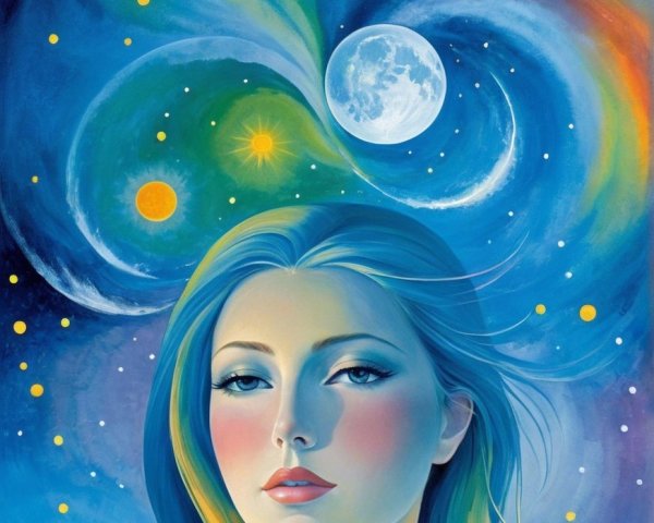 Serene Female Figure in Vibrant Cosmic Background