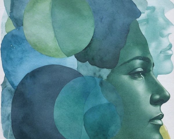 Abstract Shapes and Human Profiles in Green and Blue