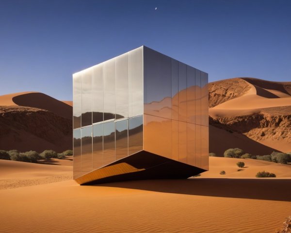 Modern Cube Structure in Desert Landscape with Reflections