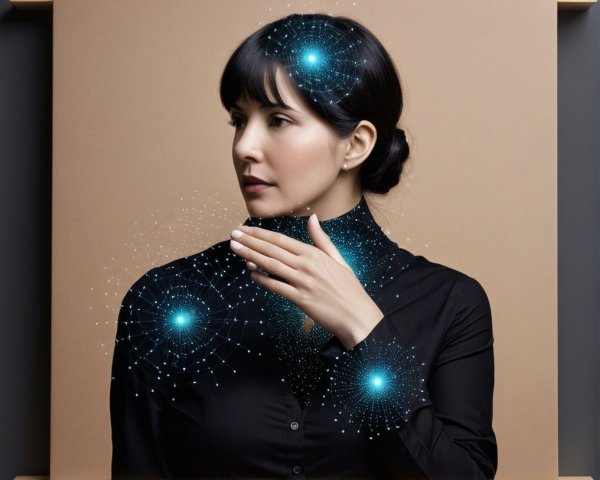 Woman in Black Blouse with Blue Energy Connections