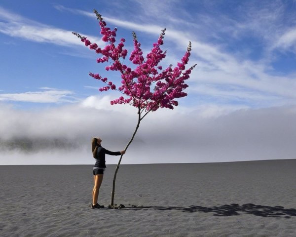 Solitary Figure with Vibrant Pink Tree in Gray Landscape