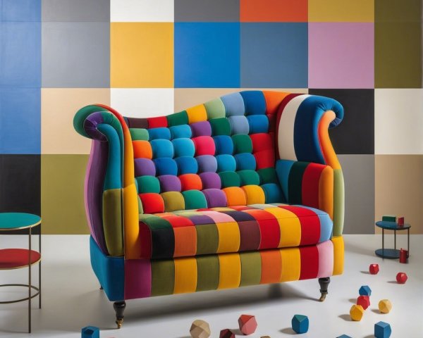 Vibrant Multicolored Tufted Sofa with Colorful Backdrop