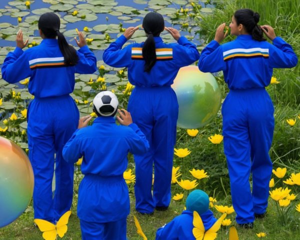 Seven Figures in Blue Jumpsuits in Flower Field