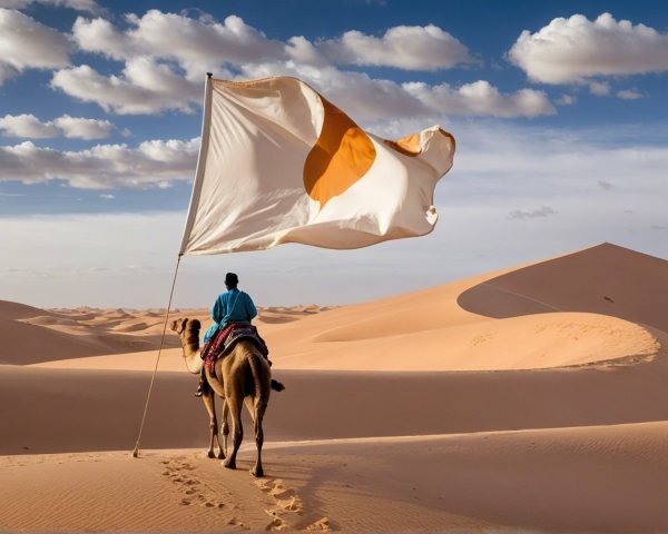 Person in Blue Tunic Riding Camel in Desert Landscape
