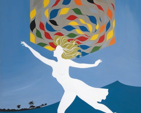 Silhouette of a Woman Surfing with Geometric Shapes