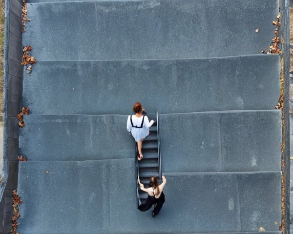 Women in contrasting dresses on minimalistic stairs