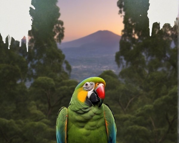 Vibrant Green Parrot in Scenic Sunset Landscape
