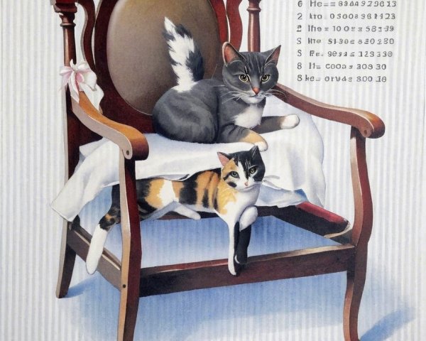 Vintage Chair Illustration with Cats on Draped Cloth