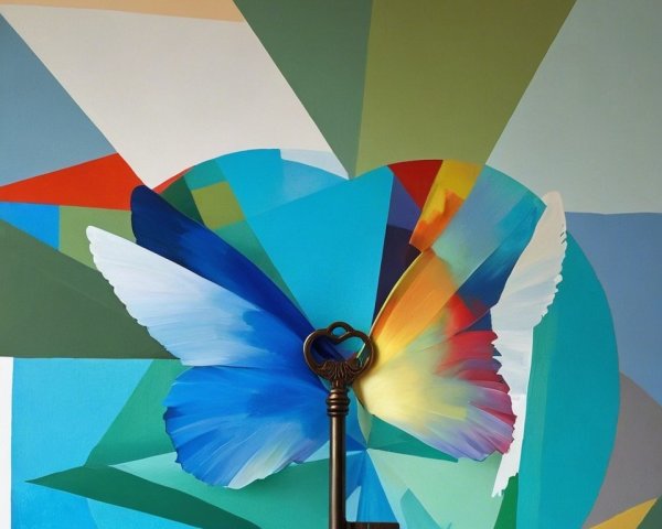 Vibrant Digital Illustration of Butterfly Wings and Key