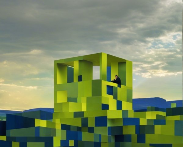 Geometric Landscape with Cubes and Dramatic Sky