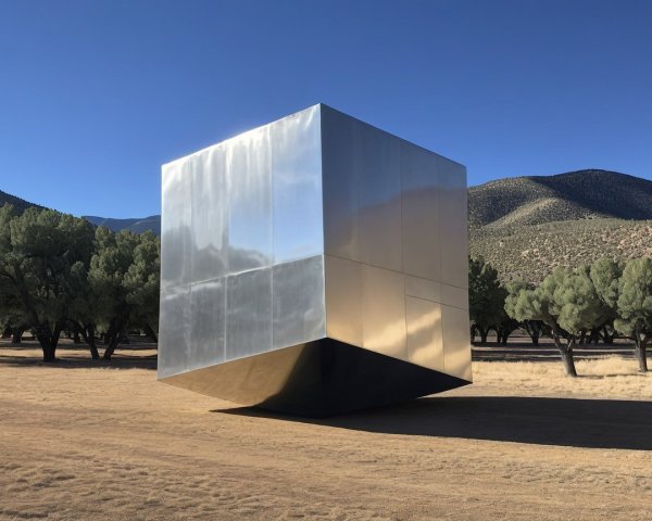 Reflective Metallic Cube in Arid Landscape with Trees