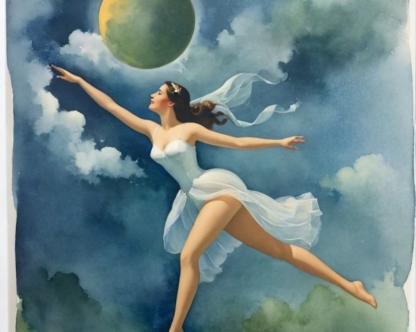 Ethereal figure soaring in dreamy sky with crescent moon