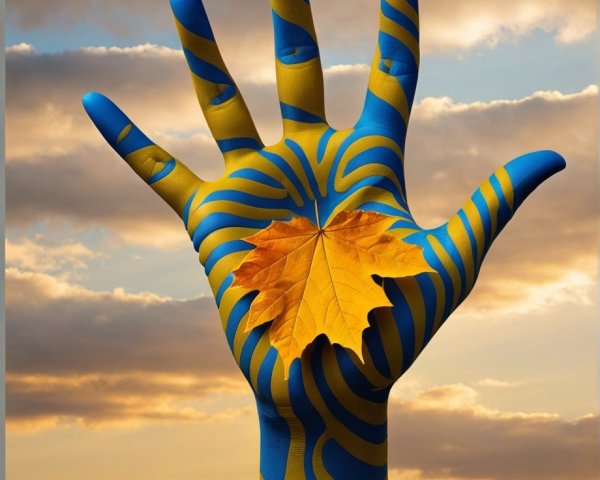 Painted Hand Against Sunset Sky and Open Highway